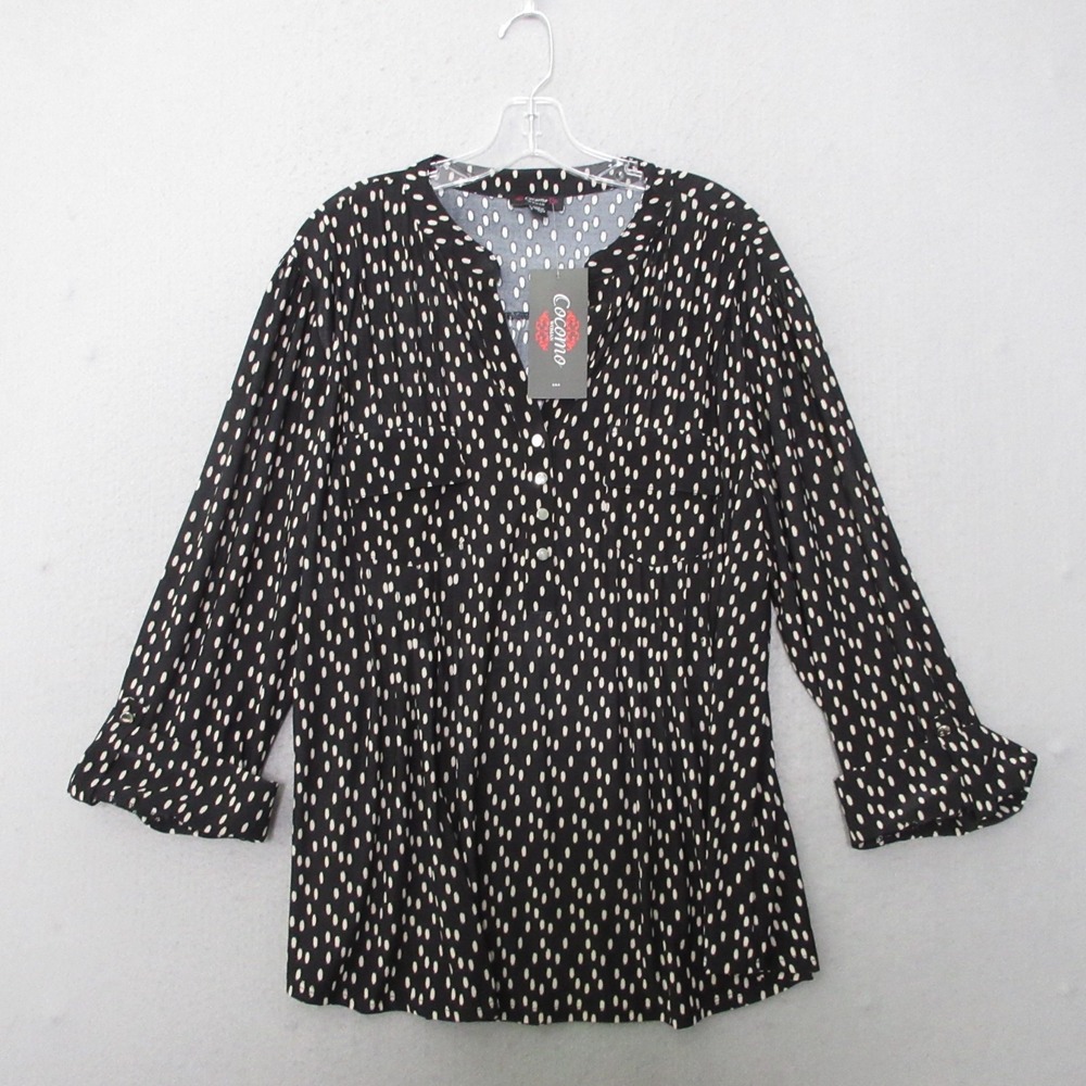 Cocomo Woman Top Tunic Plus 3X Black Polka Dot Popover‎ Pleated Boho Relaxed NWT